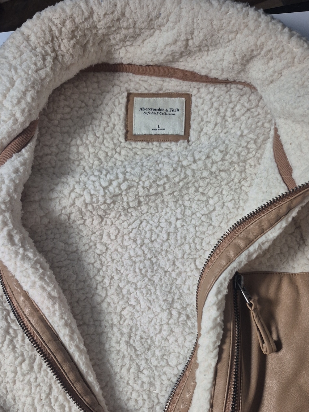 Abercrombie & Fitch Cream Sherpa Jacket with Tan Trim